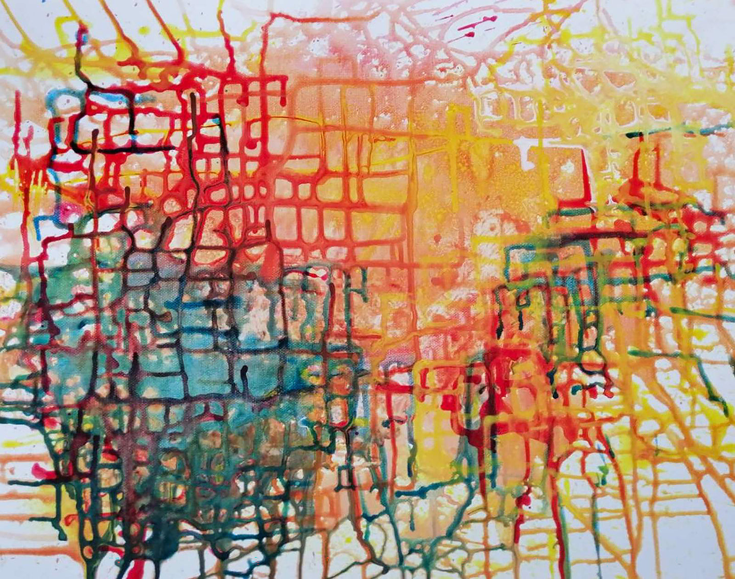 Illusions original checkered abstract painting in red, yellow, green, and orange by Diana Dimova TRAXI ART. Honorable Mention Award winner 2024. Abstract painting with layered splatters and drips in red, yellow, orange, blue, green, and black over a white background.