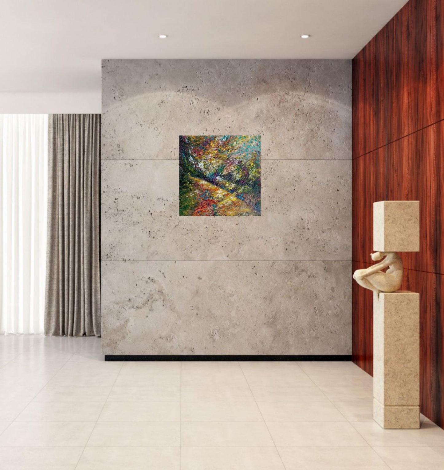 A colorful abstract landscape painting is displayed on a textured gray concrete wall in a modern interior setting with a dark wood-paneled wall, a stone sculpture, and a window with curtains. Impression in Autumn Colors original abstract impressionist oil painting with blue, yellow, orange, and red tones by Diana Dimova TRAXI ART.