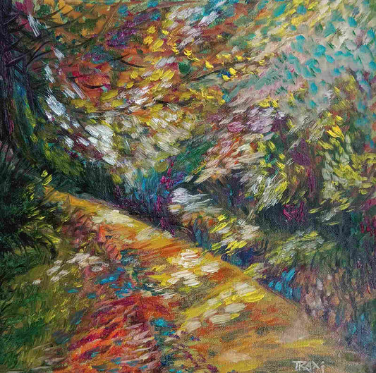 An impressionistic oil painting of a winding path through a dense, colorful forest with thick impasto brushstrokes in green, yellow, red, orange, blue, and white. Impression in Autumn Colors original abstract impressionist oil painting with blue, yellow, orange, and red tones by Diana Dimova TRAXI ART.
