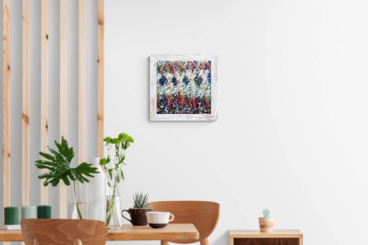 In Spring the Trees Dance original abstract ballerina spring landscape fluid acrylic painting with deep burgundy, blue, and white tones representing plum trees in Bulgaria by Diana Dimova TRAXI ART.