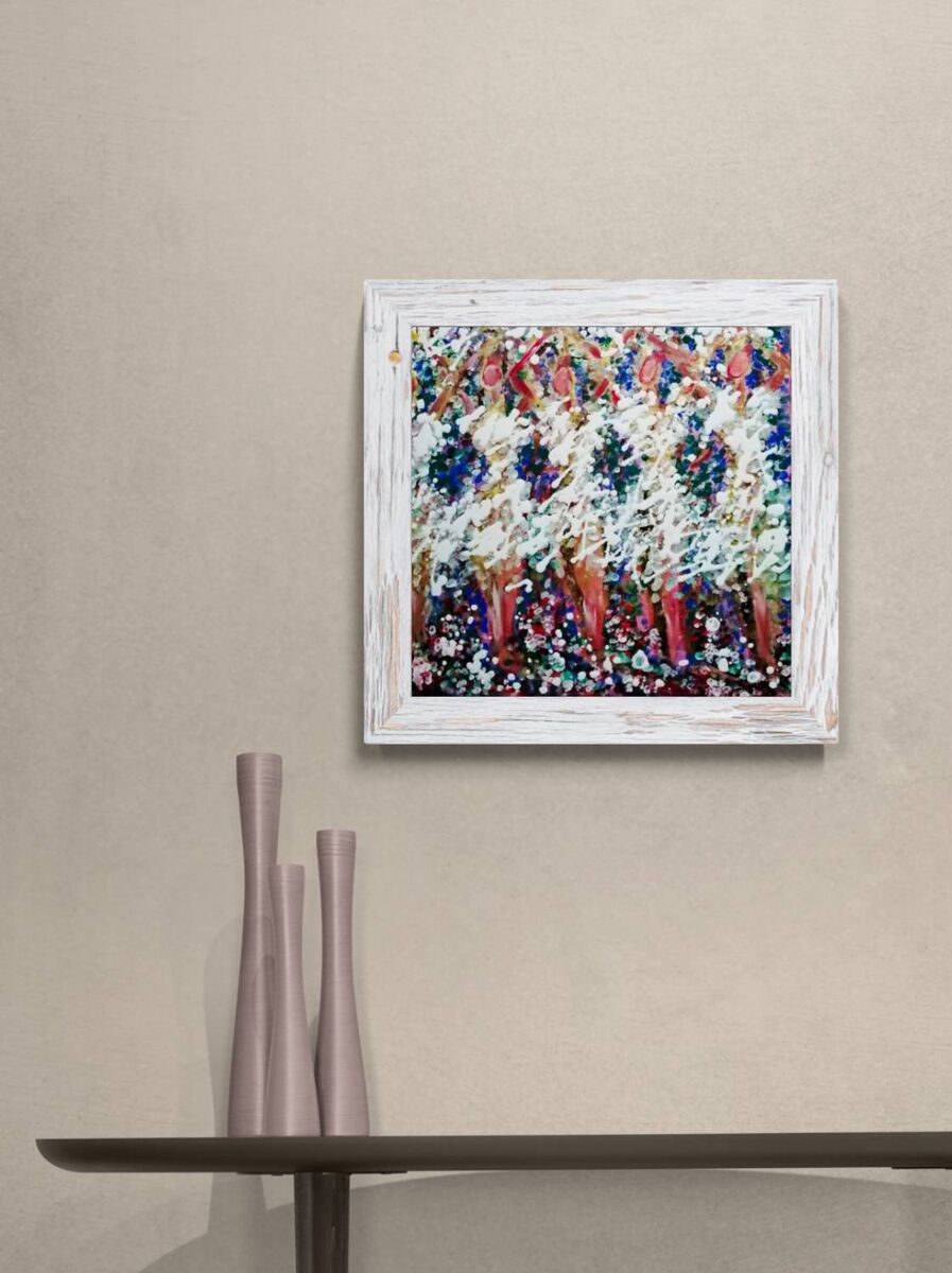 A square framed abstract painting with a distressed white frame, hanging on a beige wall above a dark console table with three tall pink vases. In Spring the Trees Dance original abstract ballerina spring landscape fluid acrylic painting with deep burgundy, blue, and white tones representing plum trees in Bulgaria by Diana Dimova TRAXI ART.