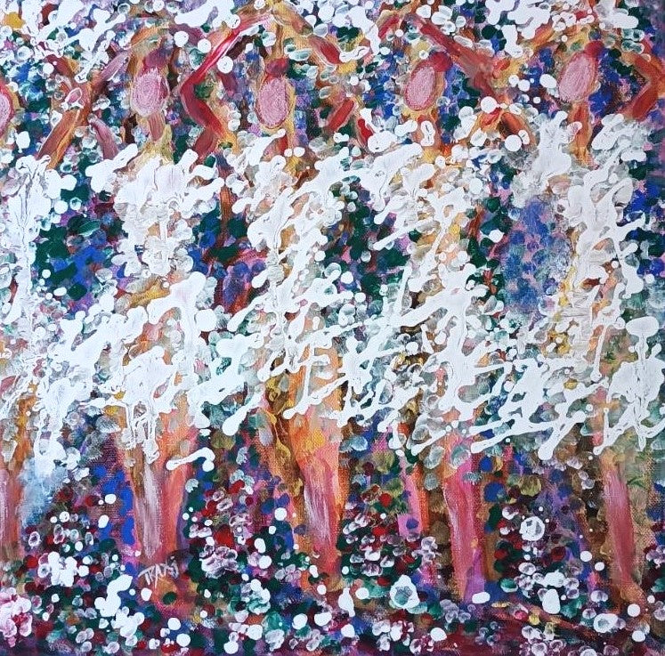 In Spring the Trees Dance original abstract ballerina spring landscape fluid acrylic painting with deep burgundy, blue, and white tones representing plum trees in Bulgaria by Diana Dimova TRAXI ART.