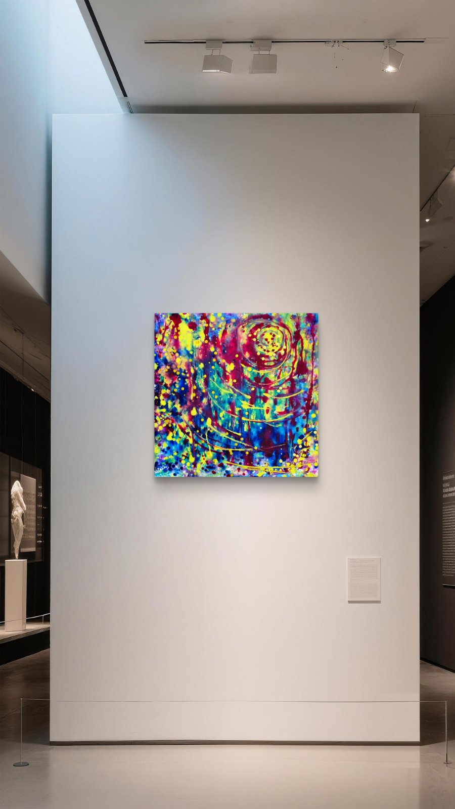 Lighthouse Bold Colorful Abstract painting by Diana Dimova TRAXI ART, featuring vibrant light rays emerging from dark textures. A colorful abstract canvas painting with vibrant splashes of yellow, blue, red, green, and purple, displayed on a white gallery wall under track lighting.