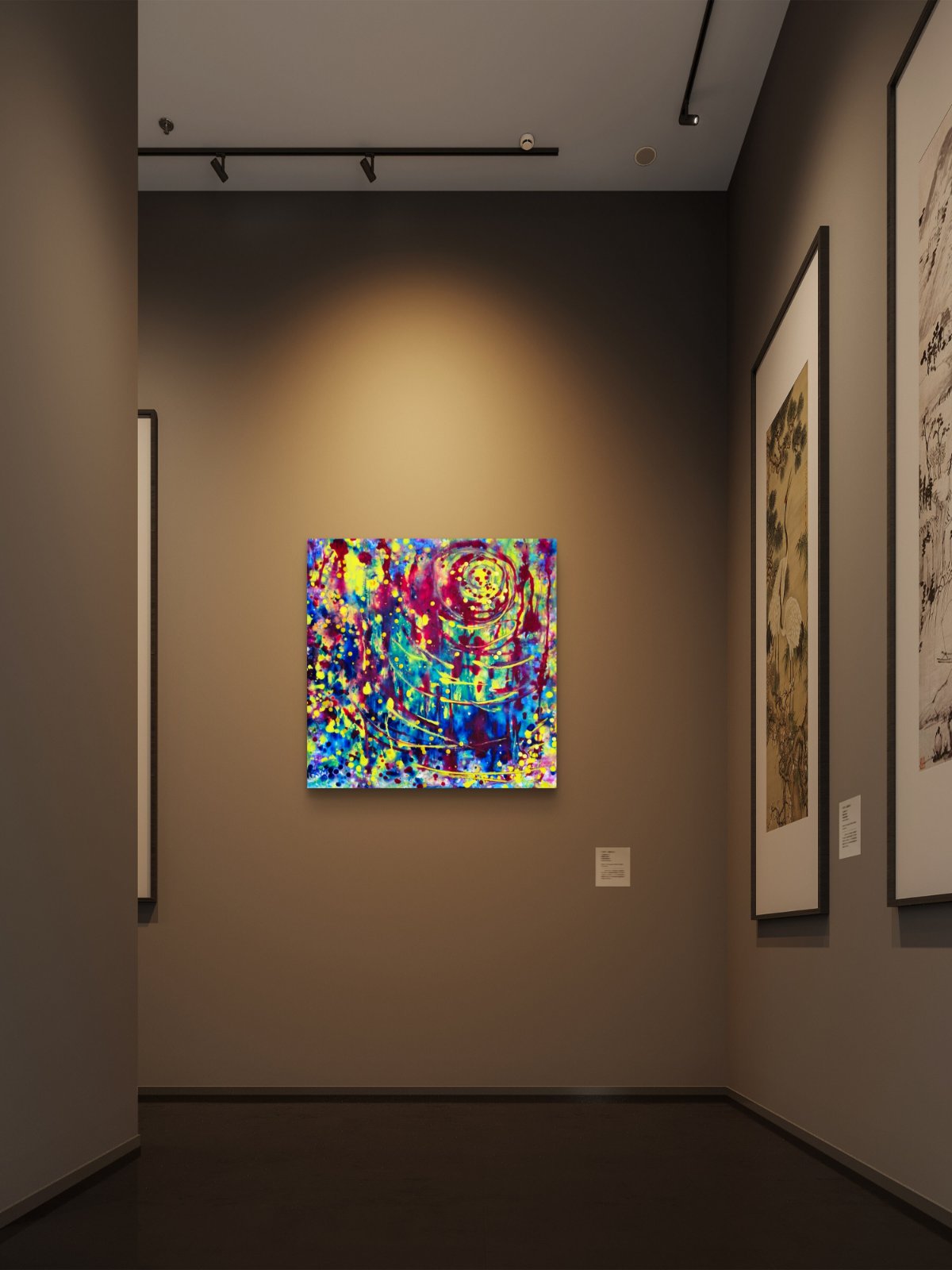 Lighthouse Bold Colorful Abstract painting by Diana Dimova TRAXI ART, featuring vibrant light rays emerging from dark textures. A colorful abstract canvas painting with vibrant splashes of blue, yellow, red, and green, displayed on a warm gray gallery wall under track lighting.