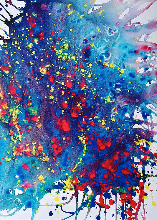 Mood of the Party original vertical abstract fluid acrylic painting with a vibrant blue wave and splashes of red and yellow by Diana Dimova TRAXI ART. Abstract watercolor and paint splatter artwork with swirling blue, purple, red, yellow, and white tones on a white background.