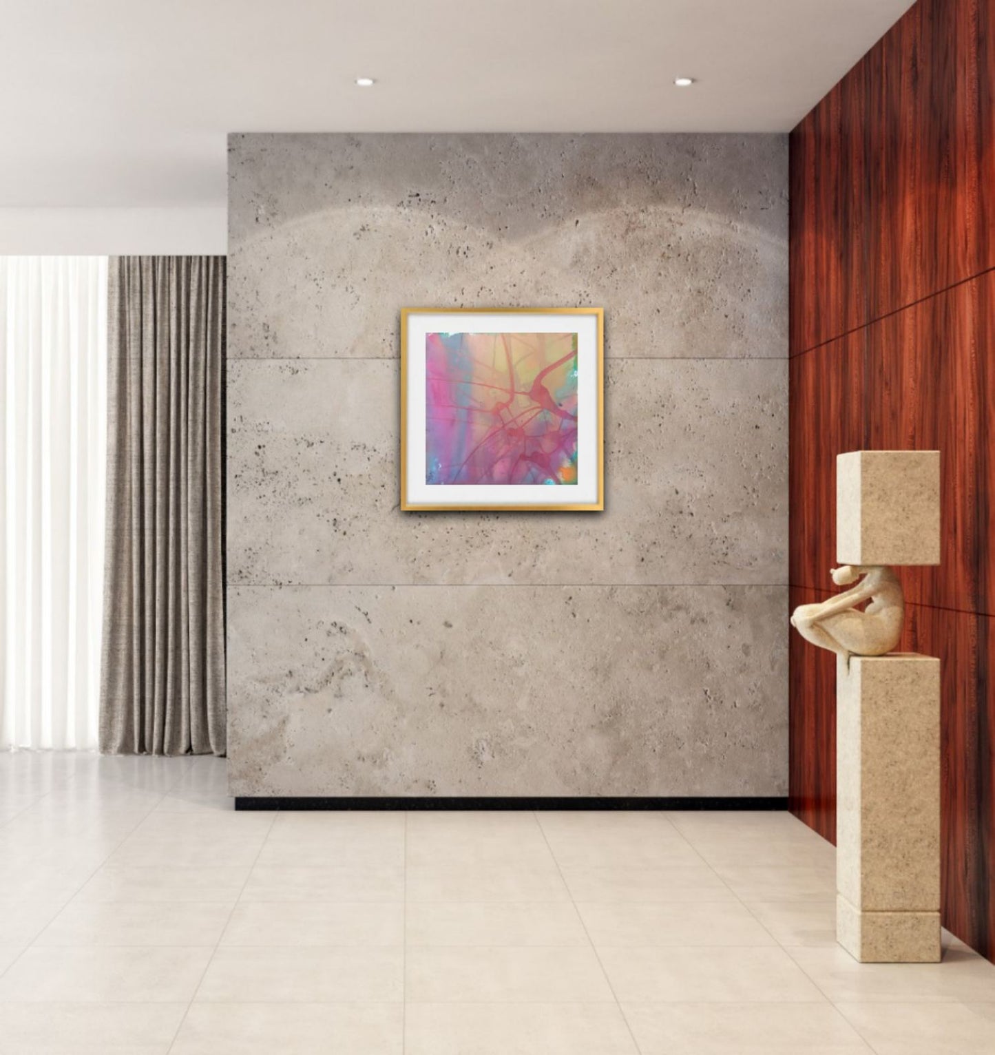 Nuances of Time original abstract mixed media square painting with soft pastel pink and violet tones by Diana Dimova TRAXI ART. A square abstract wall art print with a gold frame hangs on a textured gray stone wall in a modern interior hallway with a wood-paneled wall, curtains, and a decorative sculpture.