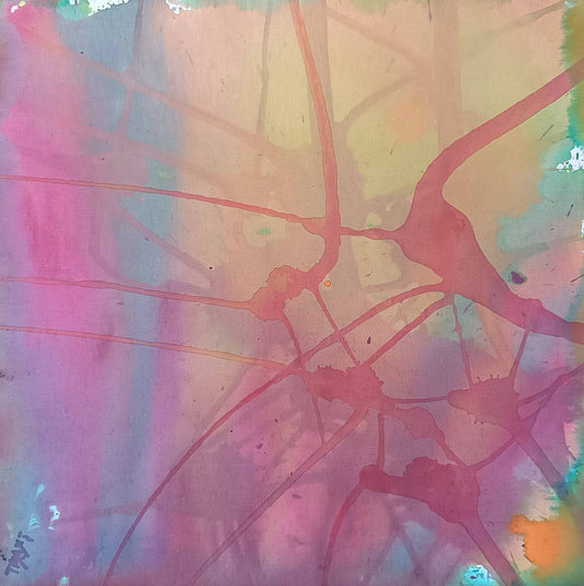 Nuances of Time original abstract mixed media square painting with soft pastel pink and violet tones by Diana Dimova TRAXI ART. Abstract watercolor painting with splattered and dripped paint in pink, purple, blue, yellow, and green tones.