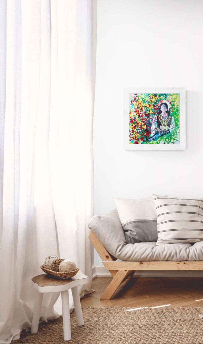 Palette of Bulgaria original abstract fluid acrylic painting with warm red, green, yellow, and blue tones representing traditional Bulgarian femininity by Diana Dimova TRAXI ART.