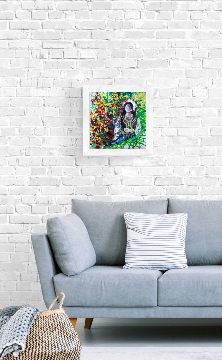 Palette of Bulgaria original abstract fluid acrylic painting with warm red, green, yellow, and blue tones representing traditional Bulgarian femininity by Diana Dimova TRAXI ART.