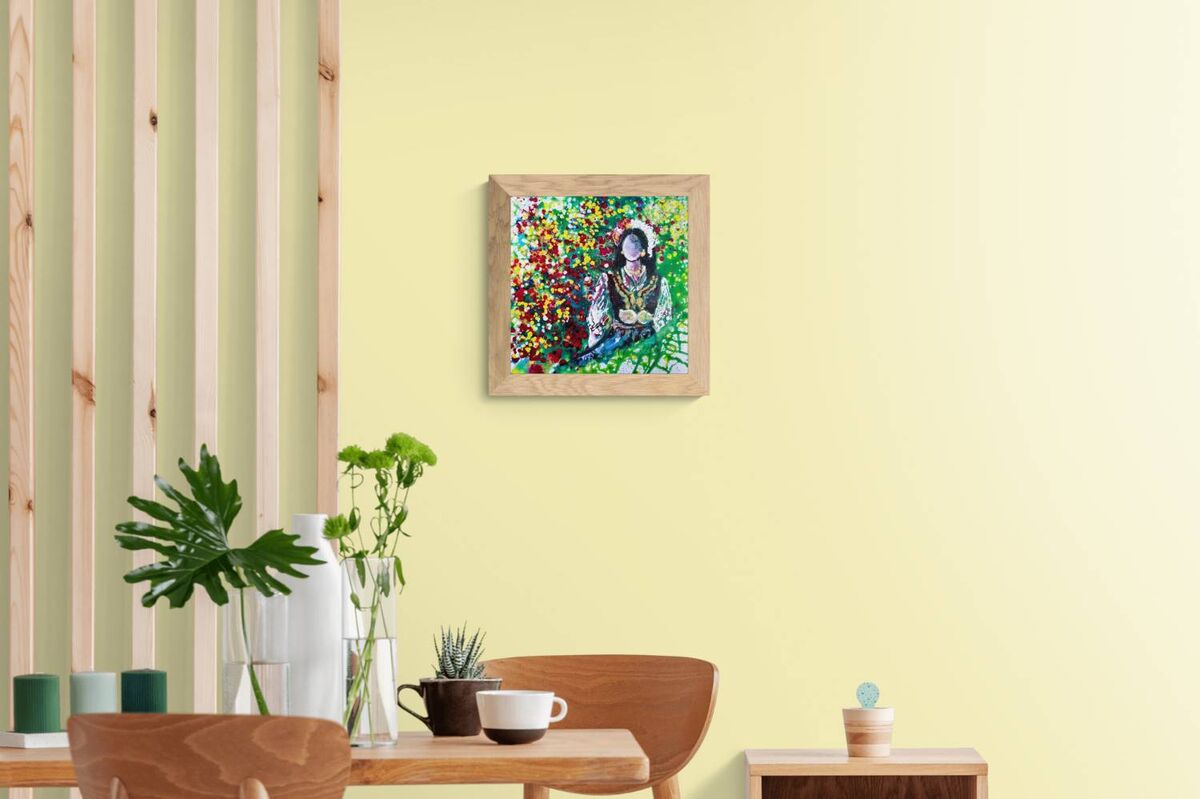 Palette of Bulgaria original abstract fluid acrylic painting with warm red, green, yellow, and blue tones representing traditional Bulgarian femininity by Diana Dimova TRAXI ART.