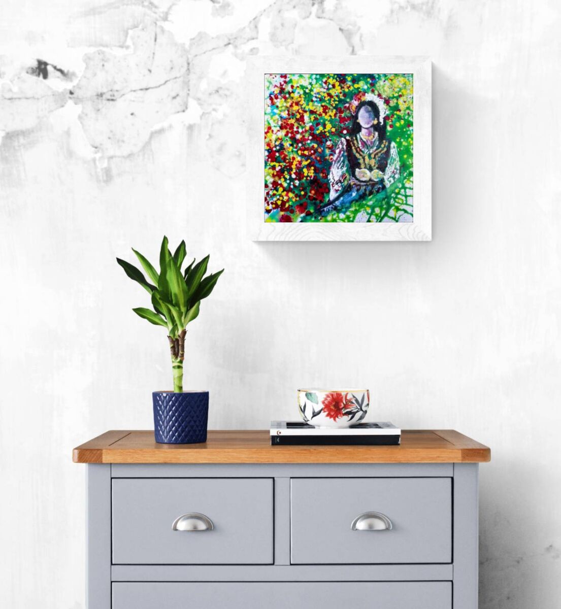 Palette of Bulgaria original abstract fluid acrylic painting with warm red, green, yellow, and blue tones representing traditional Bulgarian femininity by Diana Dimova TRAXI ART.