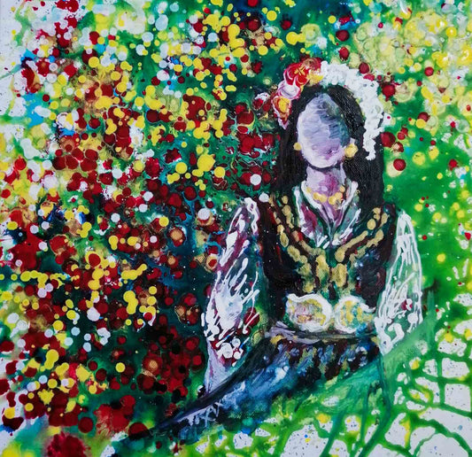 Palette of Bulgaria original abstract fluid acrylic painting with warm red, green, yellow, and blue tones representing traditional Bulgarian femininity by Diana Dimova TRAXI ART.