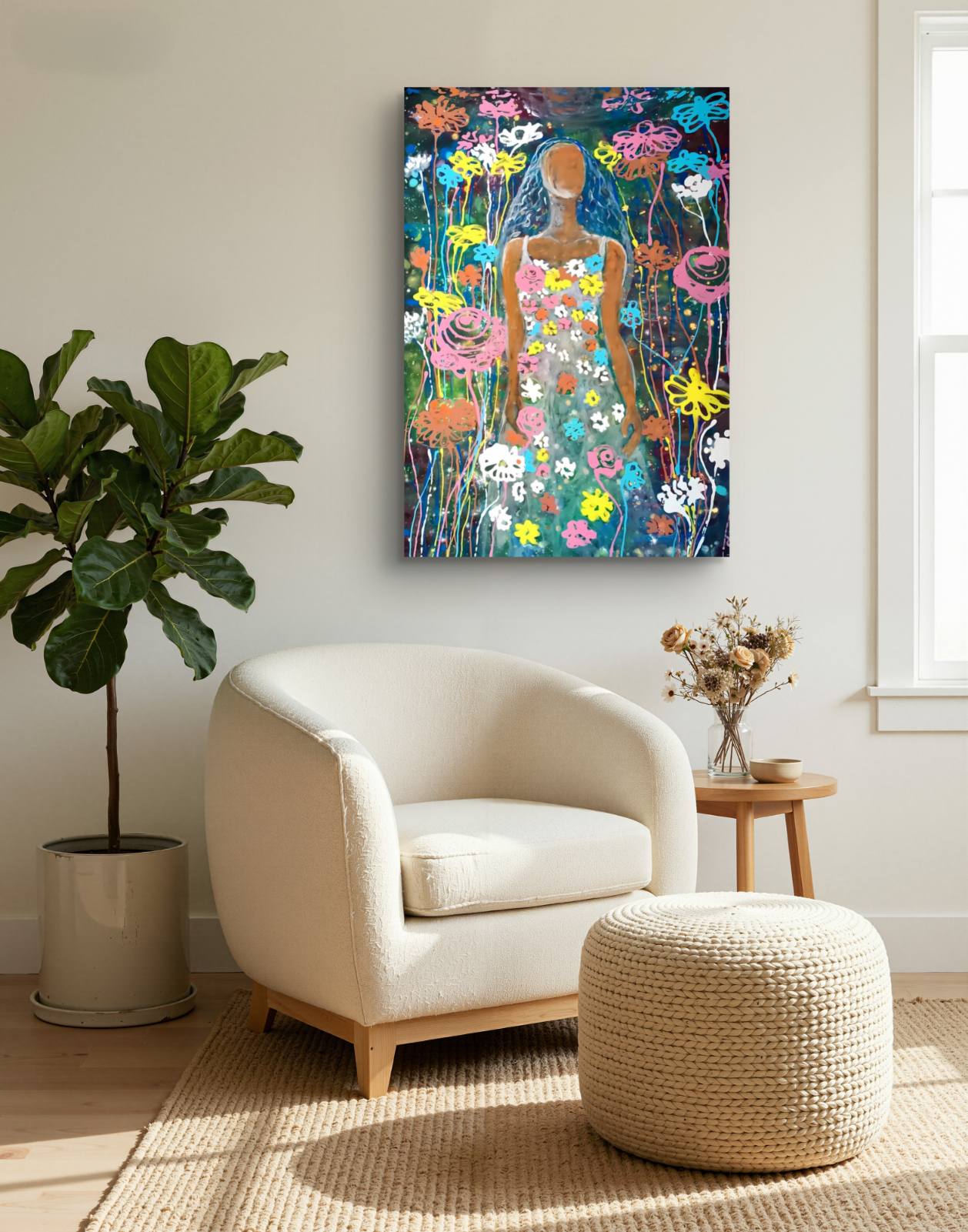 A colorful canvas wall art print featuring a stylized figure surrounded by flowers, displayed in a modern living room setting above a cream armchair and next to a potted plant. Palm Sunday original spring abstract fluid acrylic painting with vibrant floral colors celebrating feminine energy and Bulgarian heritage by Diana Dimova TRAXI ART.