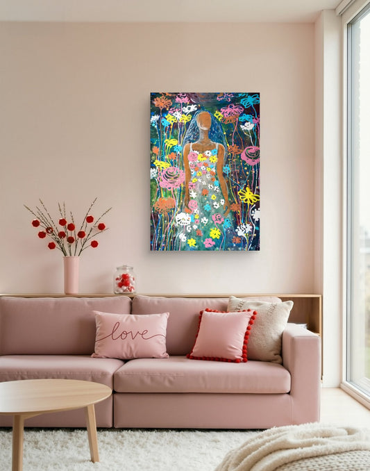 A colorful floral art print featuring a stylized female figure in a dress, displayed on a light pink wall above a pink sofa in a modern living room setting. Palm Sunday limited edition premium vertical canvas print with vibrant floral fluid acrylic colors celebrating feminine energy and Bulgarian heritage by Diana Dimova TRAXI ART.