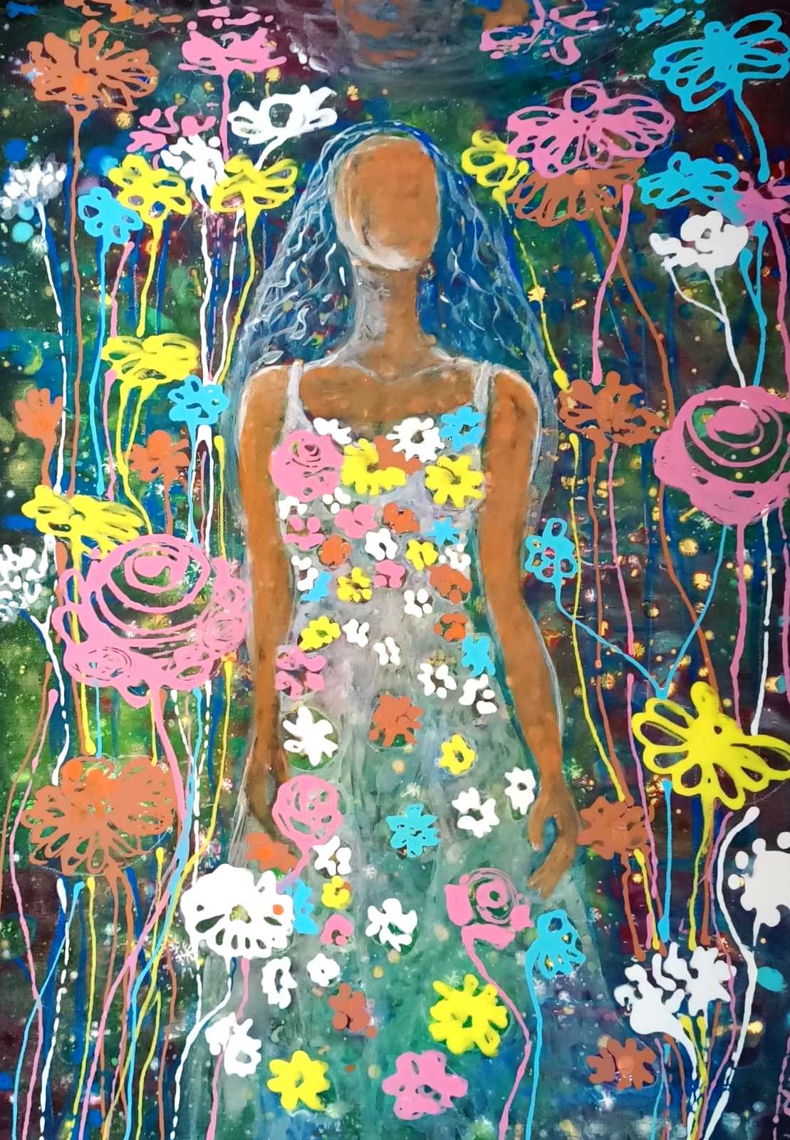 A colorful fantasy-style painting of a woman with long blue hair wearing a flower-patterned dress, surrounded by whimsical flowers and vertical lines on a dark teal background. Palm Sunday original spring abstract fluid acrylic painting with vibrant floral colors celebrating feminine energy and Bulgarian heritage by Diana Dimova TRAXI ART.