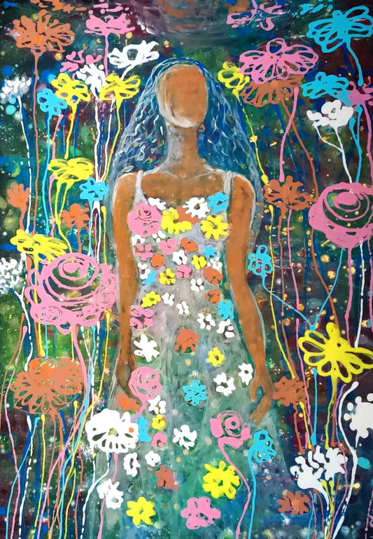 A colorful fantasy-style painting of a woman with long blue hair wearing a flower-patterned dress, surrounded by whimsical flowers and vertical lines on a dark teal background. Palm Sunday original spring abstract fluid acrylic painting with vibrant floral colors celebrating feminine energy and Bulgarian heritage by Diana Dimova TRAXI ART.