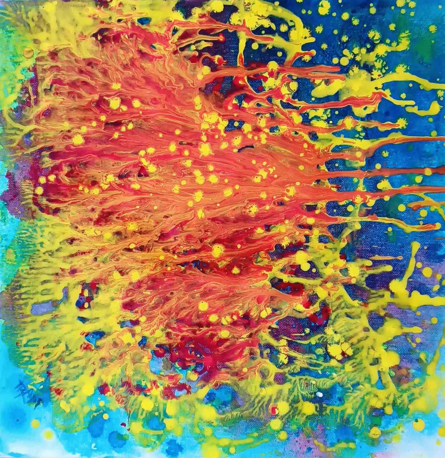Portals of the Sun original cosmic abstract diptych in orange and yellow by Diana Dimova TRAXI ART. Bronze Award winner 2024. Abstract fluid acrylic painting with vibrant splashes of red, yellow, blue, green, and purple paint, featuring dynamic drips and splatters across the canvas.