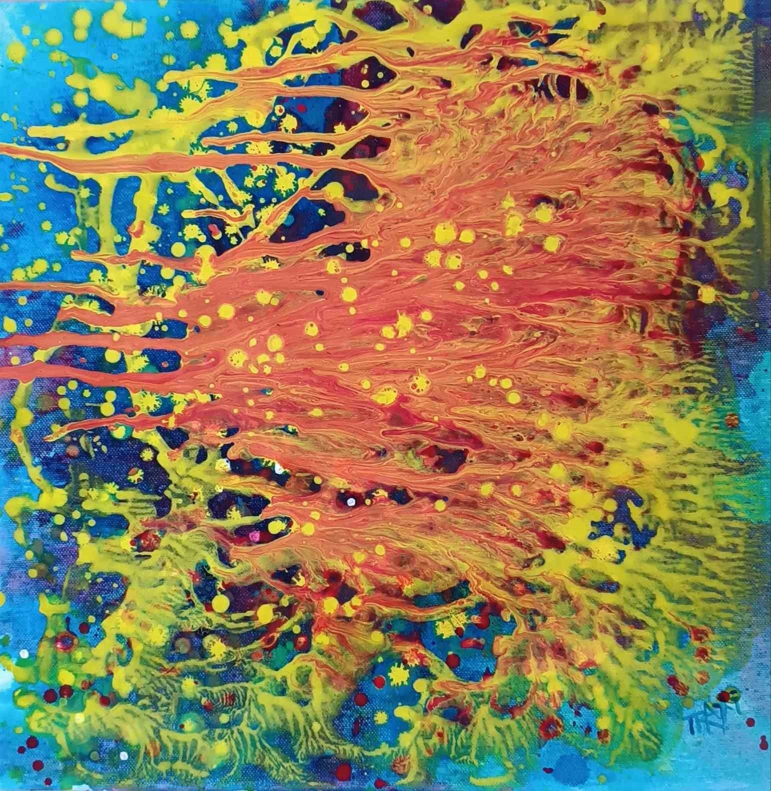 Portals of the Sun original cosmic abstract diptych in orange and yellow by Diana Dimova TRAXI ART. Bronze Award winner 2024. Abstract painting with a central burst of orange-red paint, surrounded by splashes of yellow, blue, and green with small colorful dots.