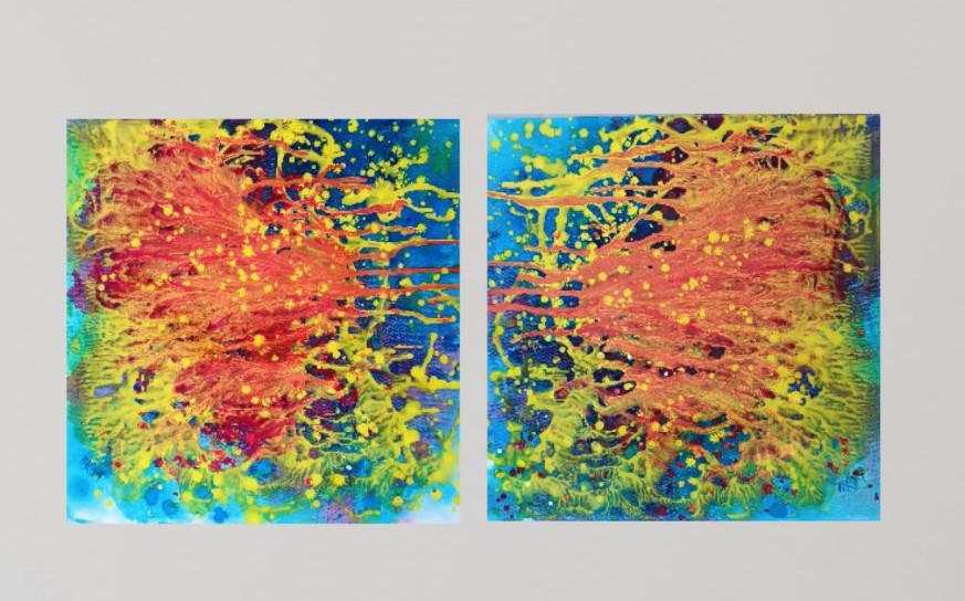 Portals of the Sun original cosmic abstract diptych in orange and yellow by Diana Dimova TRAXI ART. Bronze Award winner 2024. A pair of square abstract wall art panels with vibrant paint-splatter and dripped patterns in red, yellow, blue, green, and orange, displayed side by side against a light gray background.