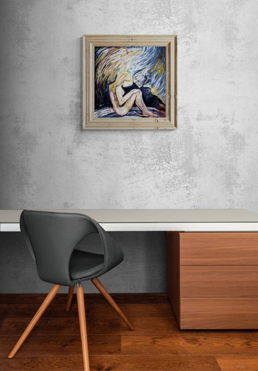 Promised by the Wind original abstract square painting with black, white, gold, and silver fluid acrylic layers by Diana Dimova TRAXI ART. A framed art print depicting a seated figure with flowing hair, displayed on a textured gray wall above a modern desk and chair in a room setting.