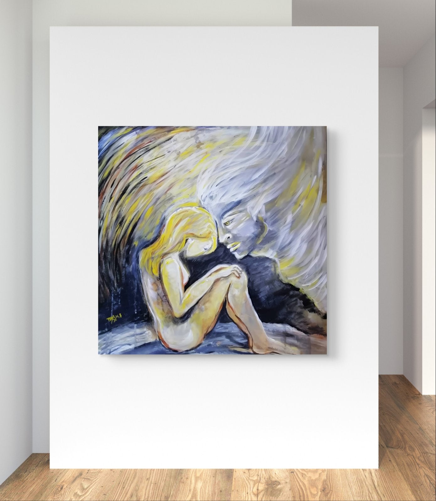 Promised by the Wind original abstract square painting with black, white, gold, and silver fluid acrylic layers by Diana Dimova TRAXI ART. A square canvas painting displayed on a white wall in a room with light wood floors. The painting depicts an abstract, impressionistic scene of two figures embracing, rendered in swirling brushstrokes of yellow, blue, white, and dark navy.