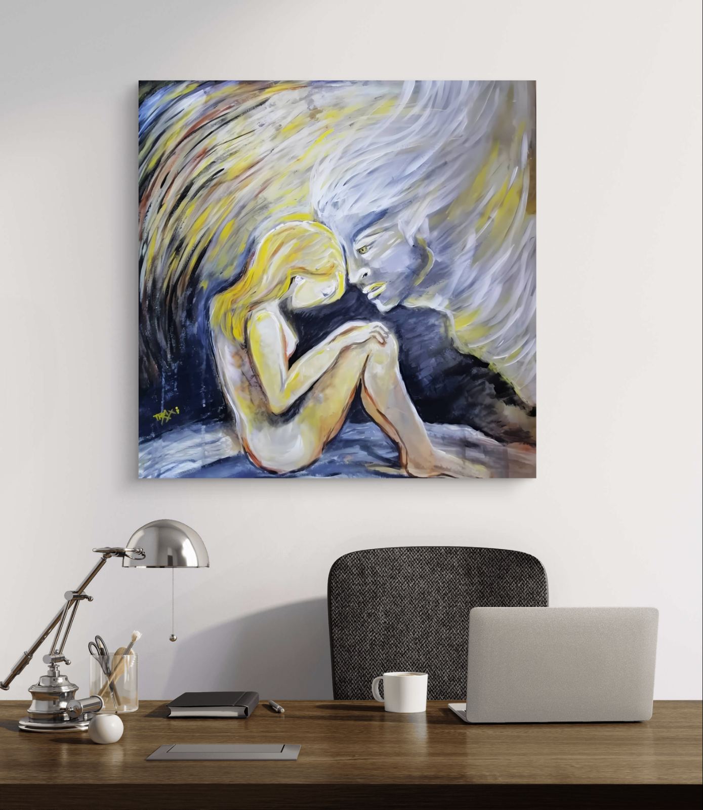 Promised by the Wind original abstract square painting with black, white, gold, and silver fluid acrylic layers by Diana Dimova TRAXI ART. A square canvas art print depicting an abstract, impressionistic seated figure in yellow, blue, and white tones, displayed on a white wall above a wooden desk with a laptop, lamp, and chair.