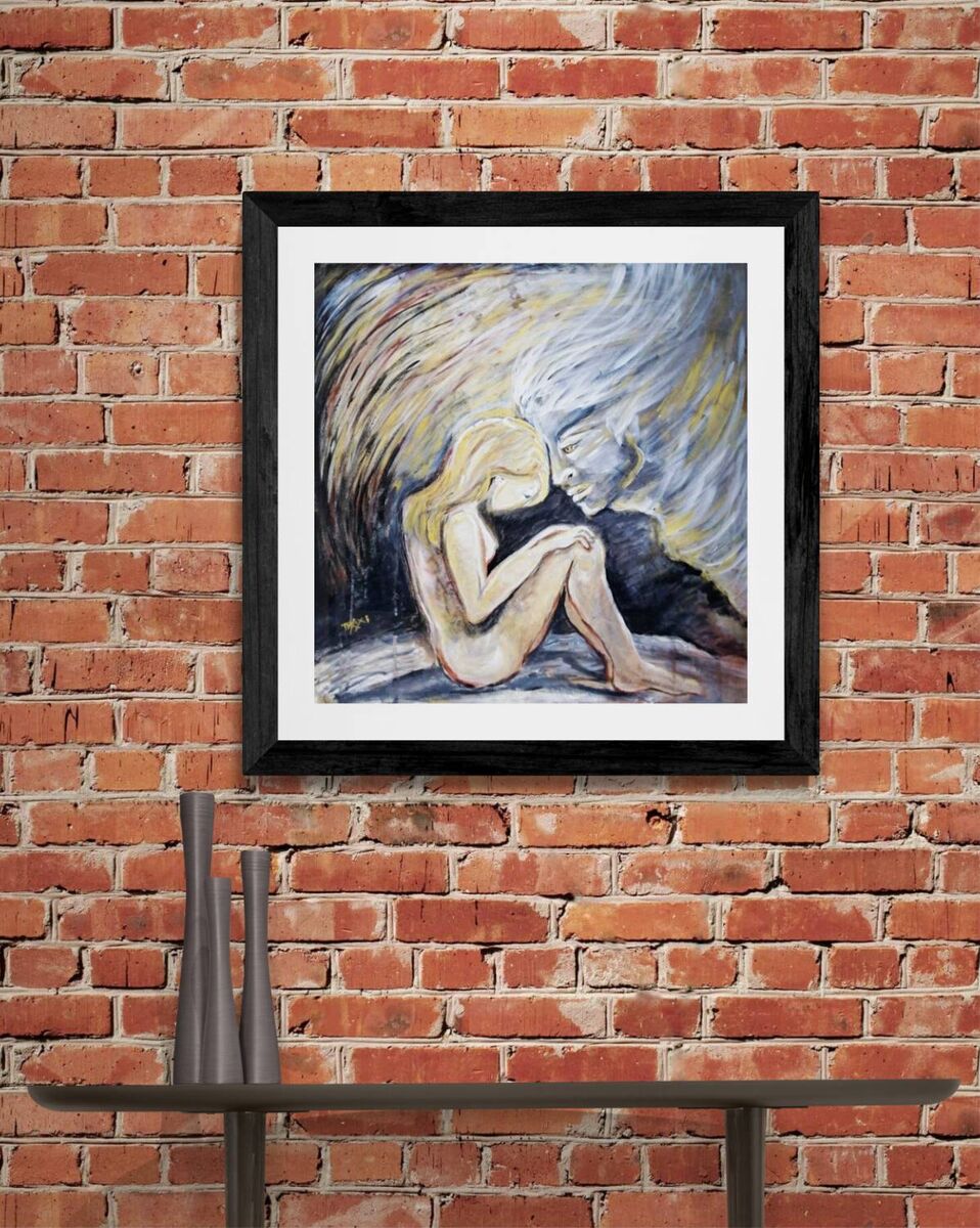Promised by the Wind original abstract square painting with black, white, gold, and silver fluid acrylic layers by Diana Dimova TRAXI ART. A framed art print depicting a seated figure in an abstract scene, mounted on a red brick wall above a dark table.