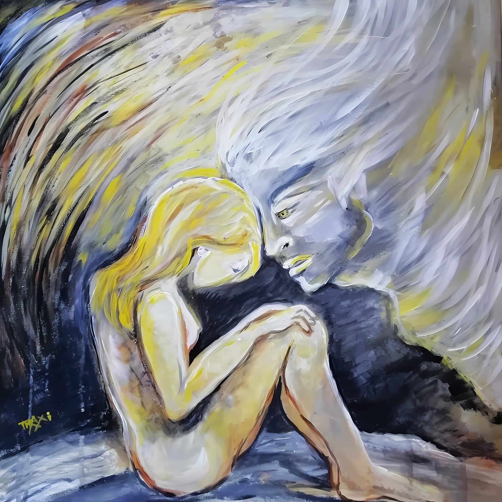 Promised by the Wind original abstract square painting with black, white, gold, and silver fluid acrylic layers by Diana Dimova TRAXI ART. An expressive painting of two seated figures facing each other, rendered with thick brushstrokes in yellow, white, black, and blue tones. The scene fills the frame, so this is best classified as Scenery rather than Product/Packaging.