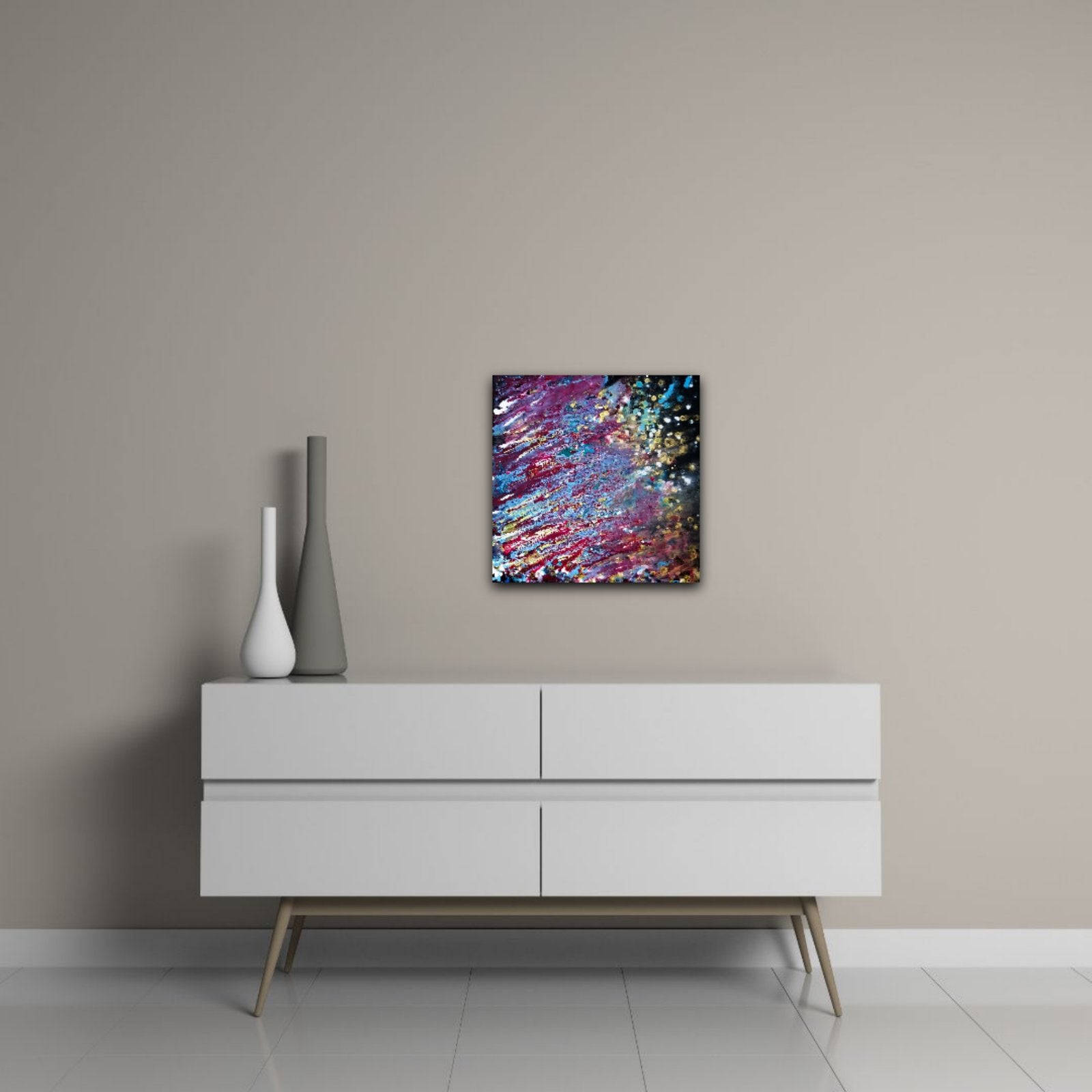 Questions of the Universe original cosmic abstract fluid acrylic painting with vibrant red, blue, gold, and white swirls on dark background by Diana Dimova TRAXI ART.