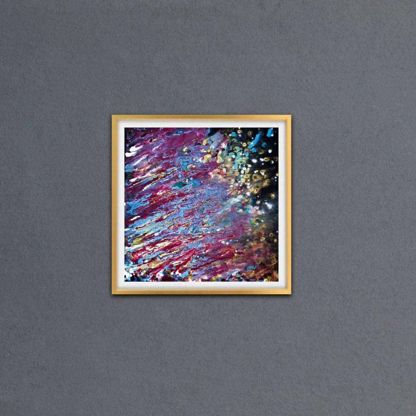 Questions of the Universe original cosmic abstract fluid acrylic painting with vibrant red, blue, gold, and white swirls on dark background by Diana Dimova TRAXI ART.