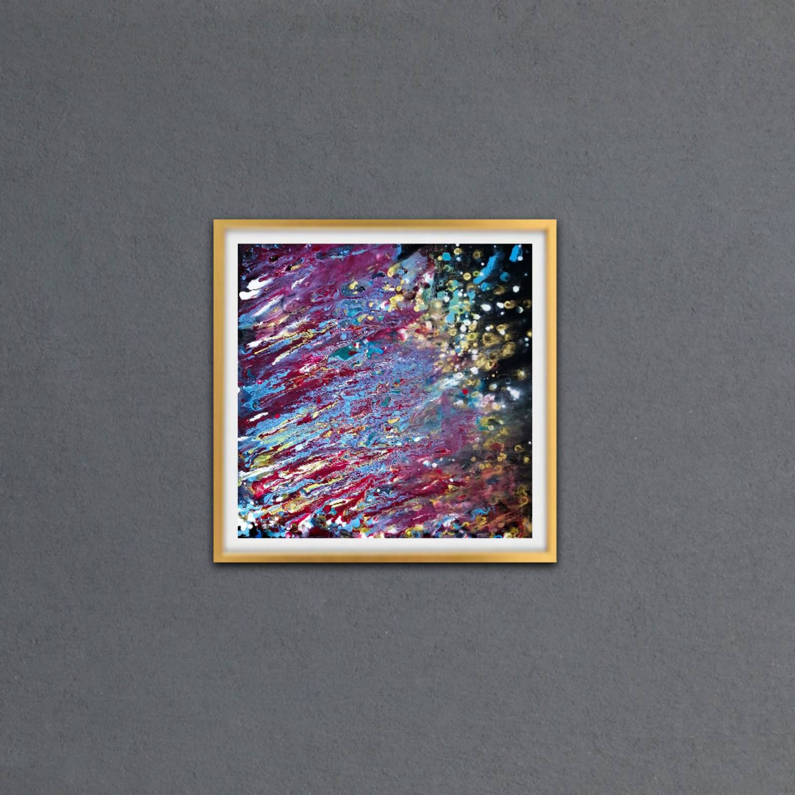 Questions of the Universe original cosmic abstract fluid acrylic painting with vibrant red, blue, gold, and white swirls on dark background by Diana Dimova TRAXI ART.