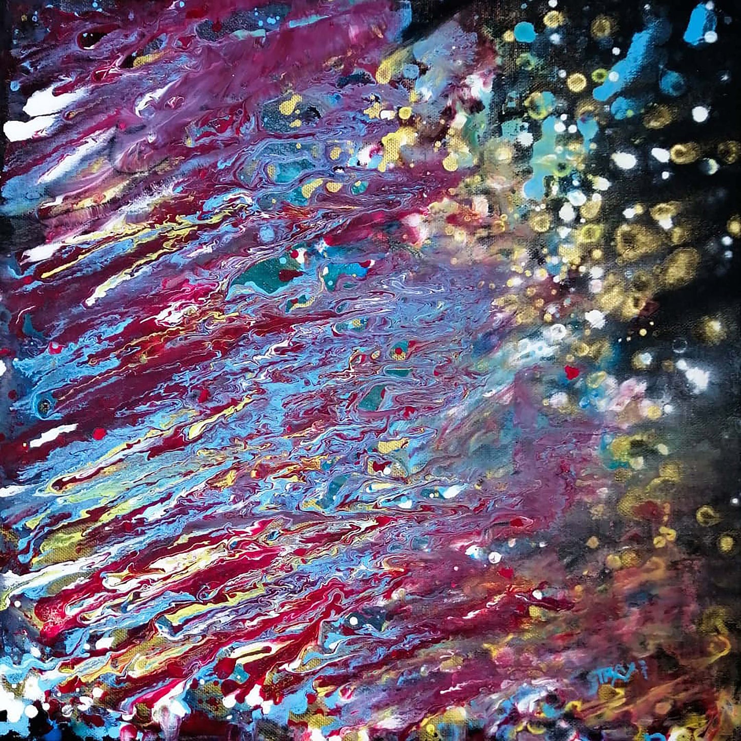 Questions of the Universe original cosmic abstract fluid acrylic painting with vibrant red, blue, gold, and white swirls on dark background by Diana Dimova TRAXI ART.