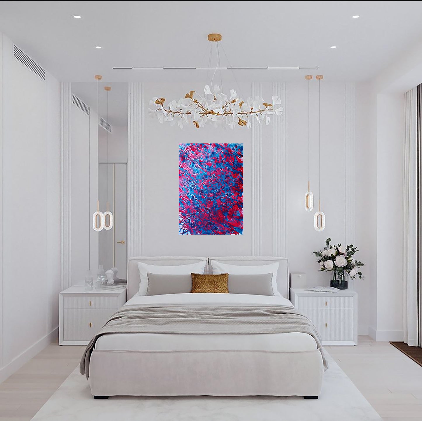 Red & Blue Balance original fluid acrylic abstract painting by Diana Dimova TRAXI ART. A modern bedroom with a white bed, white nightstands, and a colorful abstract wall art piece featuring blue, pink, and red tones, hung above the bed.