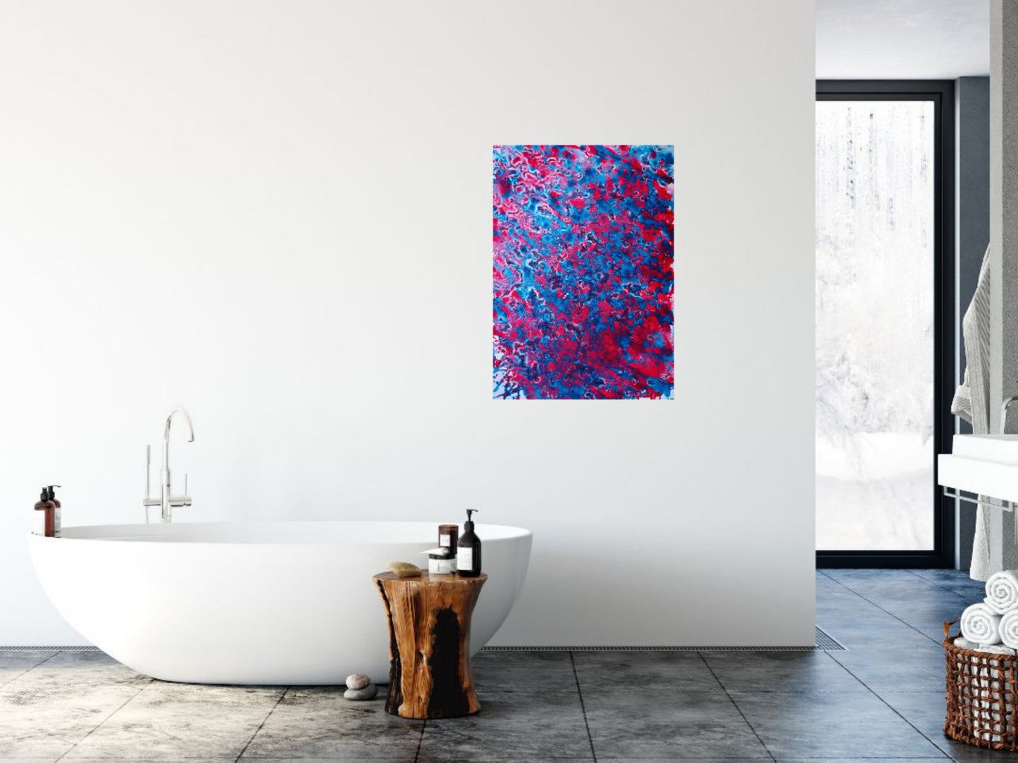 Red & Blue Balance limited edition premium canvas print with deep blue and fiery red fluid abstract layers by Diana Dimova TRAXI ART. . A square abstract wall art print with a vibrant blue and magenta paint pattern, displayed on a white wall in a modern bathroom setting next to a freestanding bathtub.