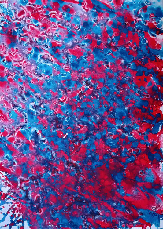 Red & Blue Balance original fluid acrylic abstract painting by Diana Dimova TRAXI ART. Abstract fluid acrylic painting with swirling patterns of vibrant blue, magenta pink, and deep red, featuring organic circular and marbled textures.