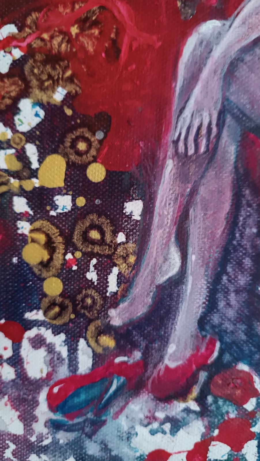 Red Dress & Party Mood original fluid acrylic abstract painting by Diana Dimova TRAXI ART. Finalist Award winner, Camelback Gallery 2025. Abstract painting featuring a stylized figure in red shoes against a textured background of red, purple, gold, and white paint splatters.
