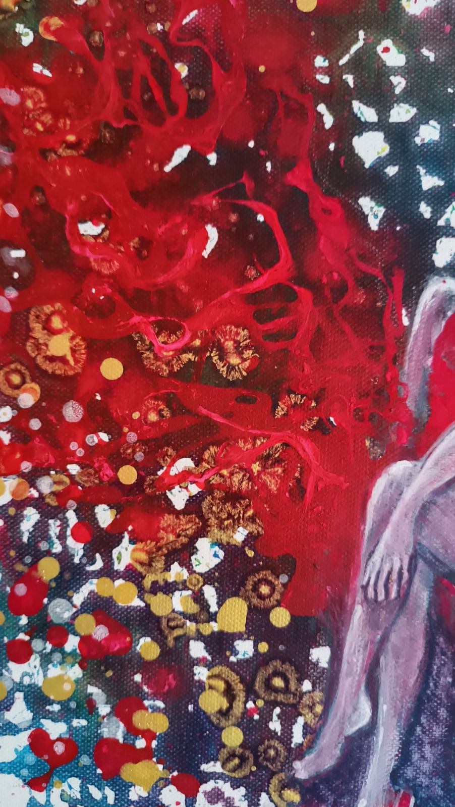 Red Dress & Party Mood original fluid acrylic abstract painting by Diana Dimova TRAXI ART. Finalist Award winner, Camelback Gallery 2025. Abstract painting featuring a dominant textured red area on the left, a dark navy/black background with white splatters on the right, and a pale flesh-toned human figure partially visible on the right edge.