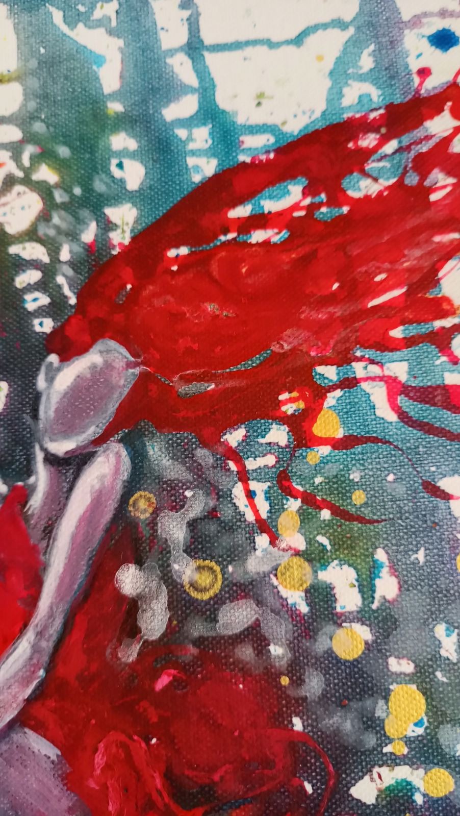 Red Dress & Party Mood original fluid acrylic abstract painting by Diana Dimova TRAXI ART. Finalist Award winner, Camelback Gallery 2025. Abstract painting featuring bold red paint strokes over a textured background of teal, gray, white, and splattered yellow and green accents.