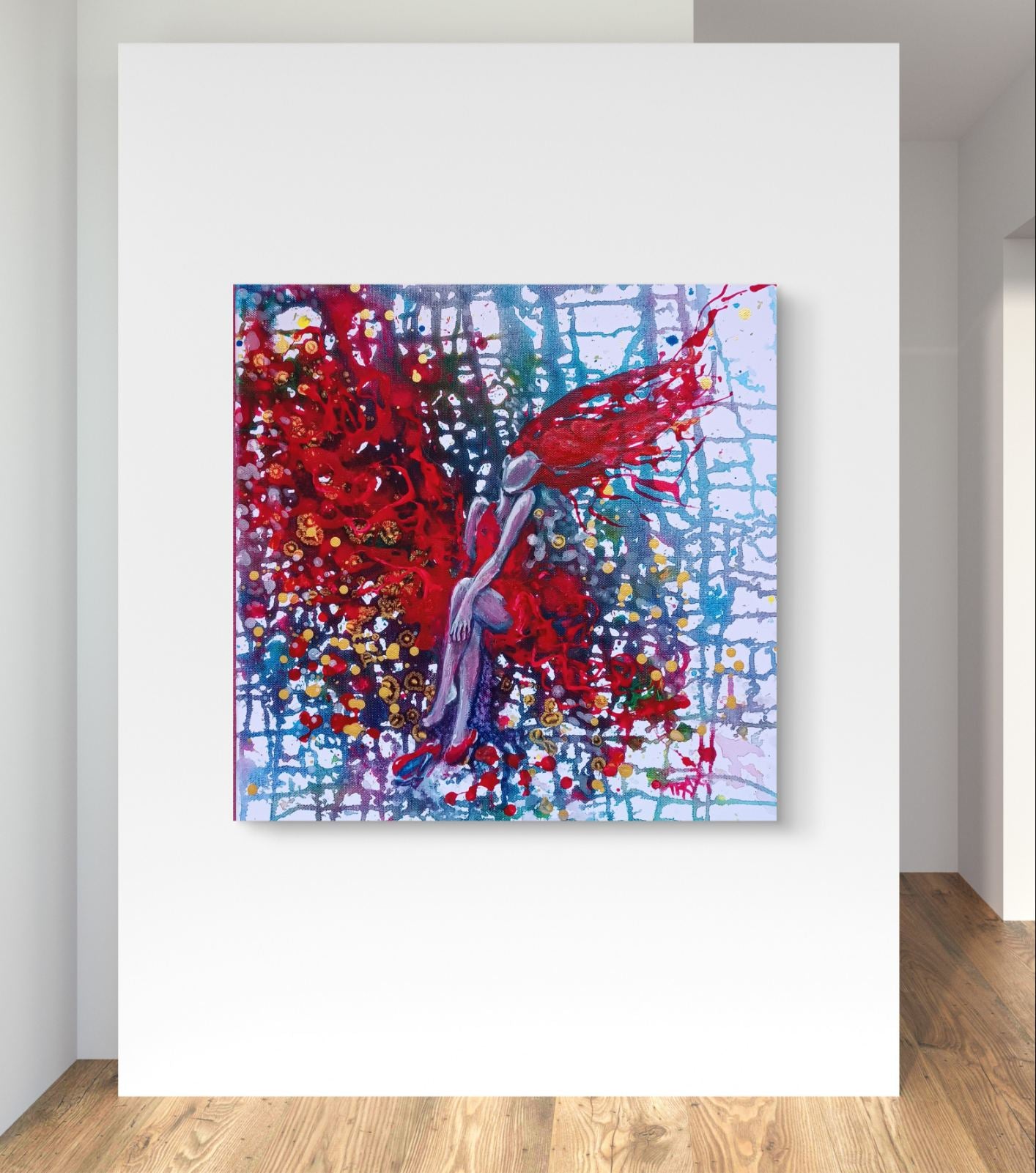 Red Dress & Party Mood limited edition premium canvas print with expressive red, blue, and white abstract layers by Diana Dimova TRAXI ART. Abstract canvas wall art featuring a stylized figure with red wings, displayed on a white wall above a light wood floor.