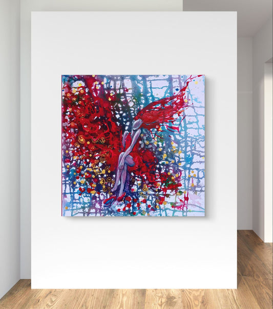 Red Dress & Party Mood limited edition premium canvas print with expressive red, blue, and white abstract layers by Diana Dimova TRAXI ART. Abstract canvas wall art featuring a stylized figure with red wings, displayed on a white wall above a light wood floor.