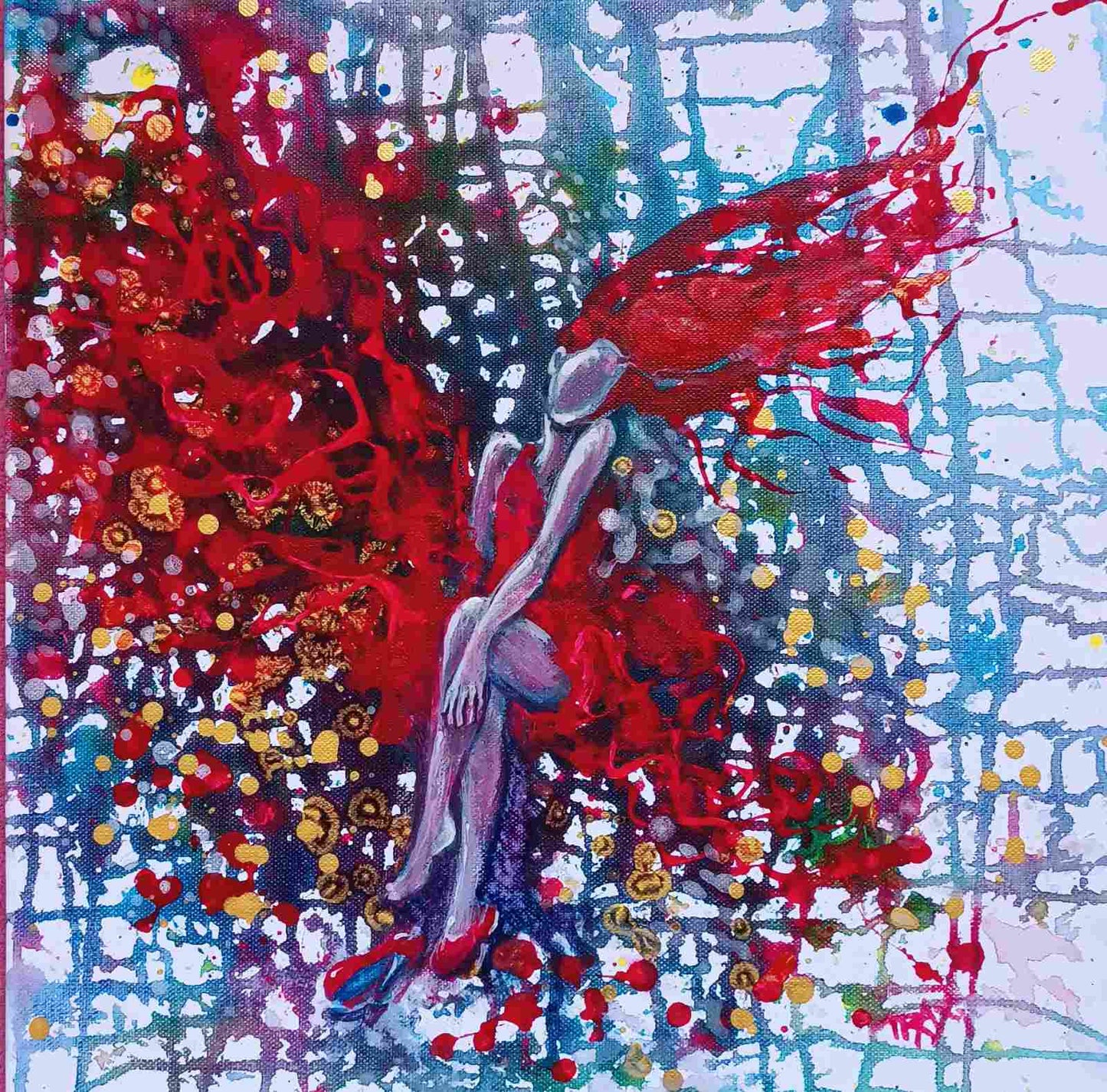 Red Dress & Party Mood original fluid acrylic abstract painting by Diana Dimova TRAXI ART. Finalist Award winner, Camelback Gallery 2025.. Abstract painting of a seated female figure with long flowing red hair or wings, rendered in red, blue, white, black, and gold paint splatters and grid lines.