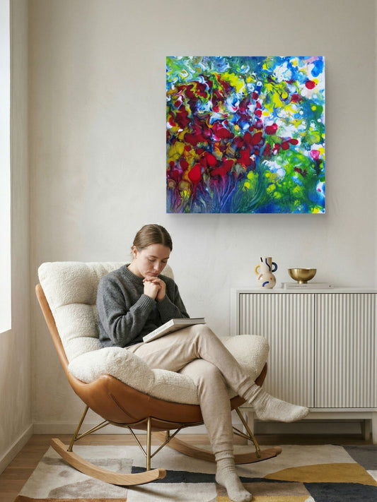 A woman sits in a cream upholstered rocking chair reading a book in a modern living room, with a colorful abstract floral painting hanging on the wall above her.  Red Flowers limited edition premium square canvas print with vibrant red, green, and white fluid acrylic tones by Diana Dimova TRAXI ART.