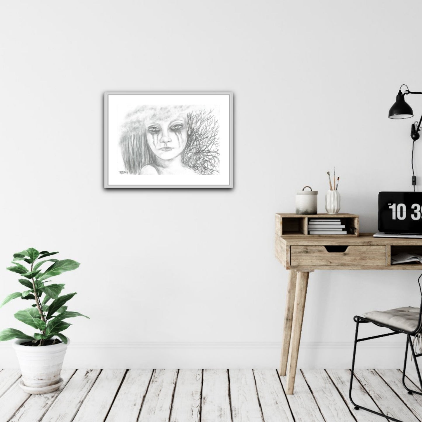 Requiem for the Forest original monochromatic charcoal drawing on art cardboard depicting a crying forest spirit and falling rain by Diana Dimova TRAXI ART.