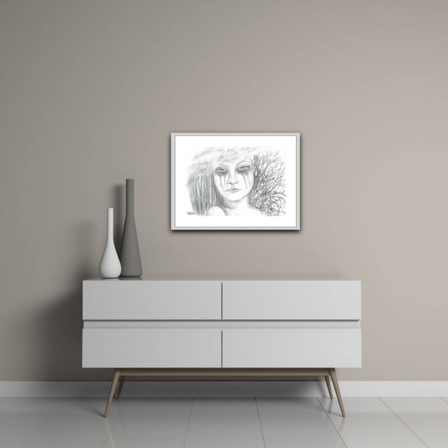 Requiem for the Forest original monochromatic charcoal drawing on art cardboard depicting a crying forest spirit and falling rain by Diana Dimova TRAXI ART.