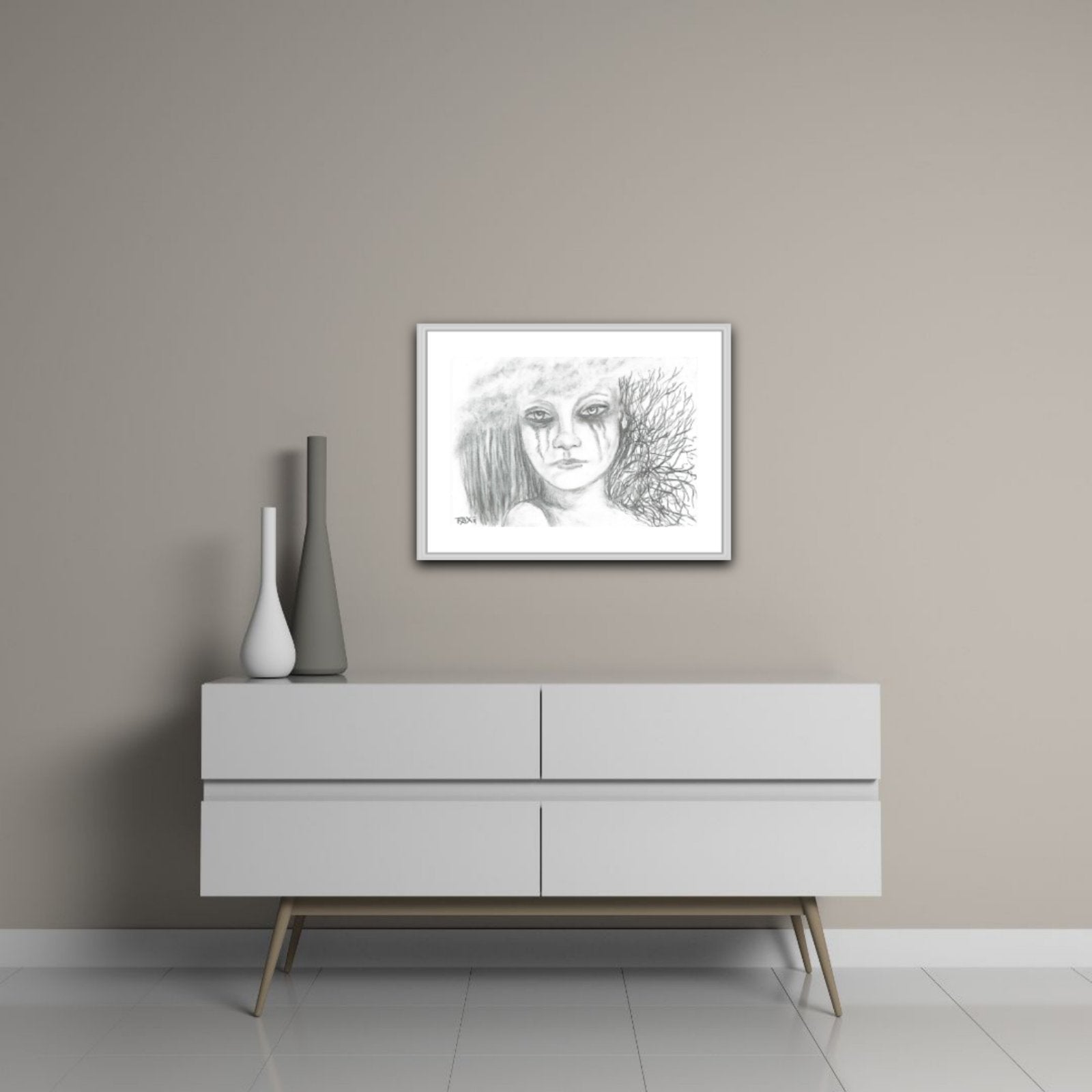 Requiem for the Forest original monochromatic charcoal drawing on art cardboard depicting a crying forest spirit and falling rain by Diana Dimova TRAXI ART.