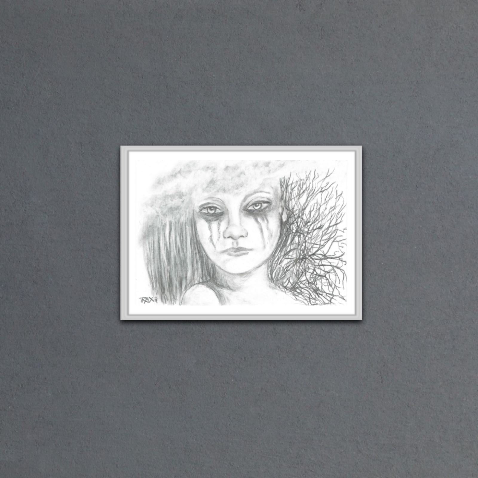 Requiem for the Forest original monochromatic charcoal drawing on art cardboard depicting a crying forest spirit and falling rain by Diana Dimova TRAXI ART.