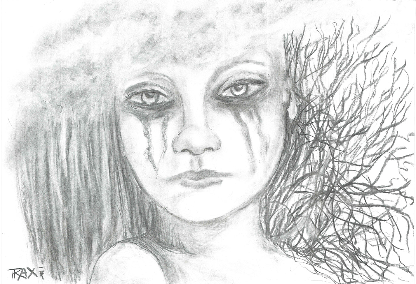 Requiem for the Forest original monochromatic charcoal drawing on art cardboard depicting a crying forest spirit and falling rain by Diana Dimova TRAXI ART.