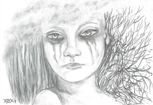 Requiem for the Forest original monochromatic charcoal drawing on art cardboard depicting a crying forest spirit and falling rain by Diana Dimova TRAXI ART.