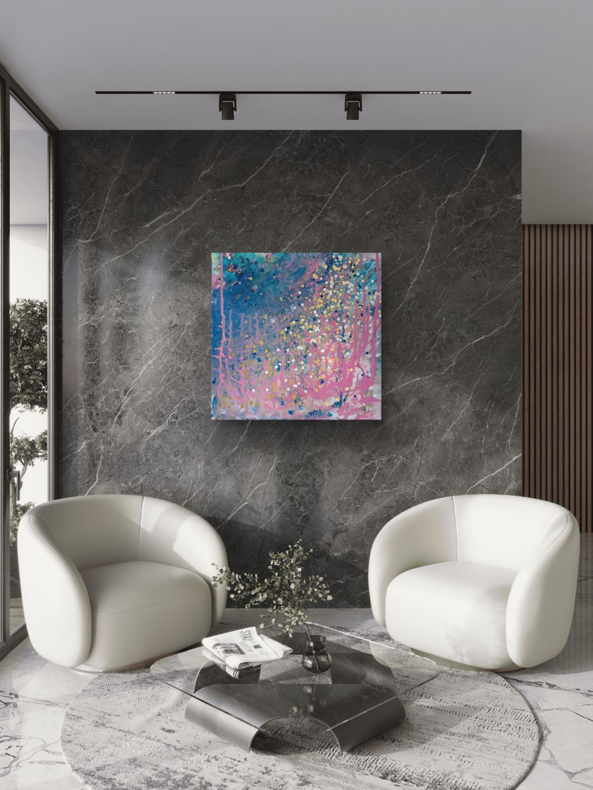 Romantic Dream original abstract seascape fluid acrylic painting with blue, pink, and gold tones by Diana Dimova TRAXI ART.