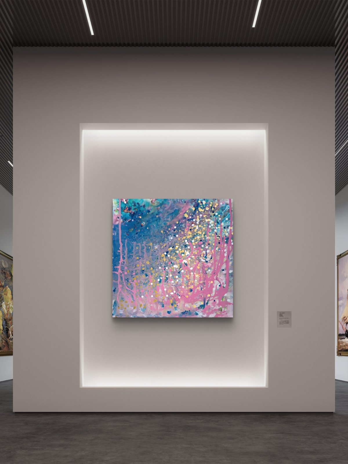 Romantic Dream original abstract seascape fluid acrylic painting with blue, pink, and gold tones by Diana Dimova TRAXI ART.